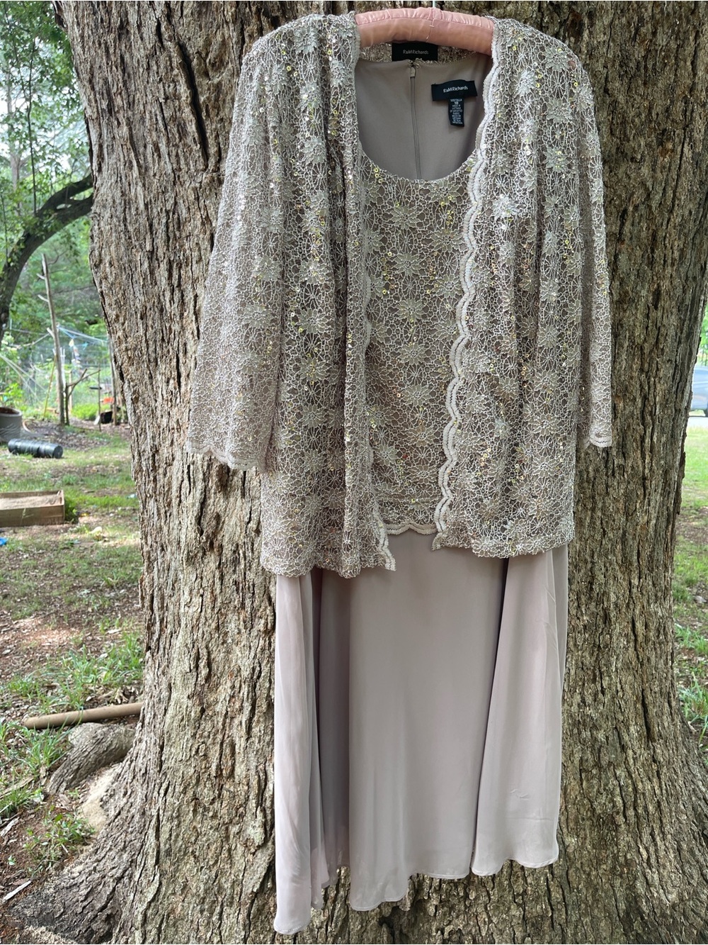 Alex Evenings Beaded Lace Jacket and Dress in Taupe